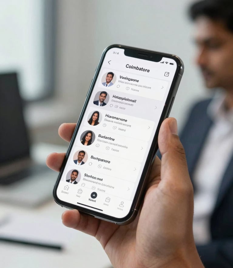 A close up of a smartphone displaying a social media feed with high engagement, held by a South Asian professional in a corporate setting in Coimbatore, soft focus background, professional charcoal and white lighting.