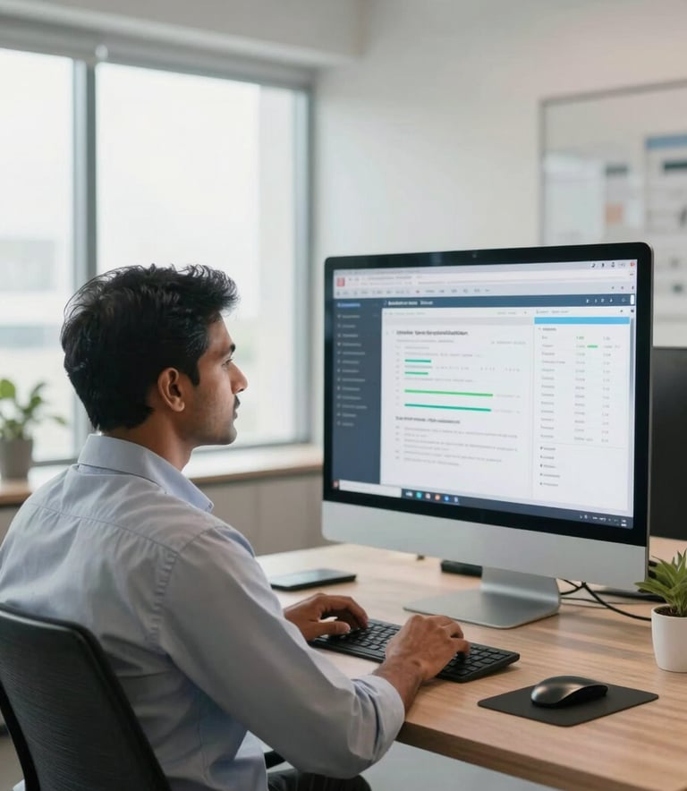 A professional South Asian man in business attire sitting in a brightly lit, modern Coimbatore office, reviewing a lead generation dashboard on a large monitor. The room has a clean, sophisticated atmosphere with soft daylight coming through windows.