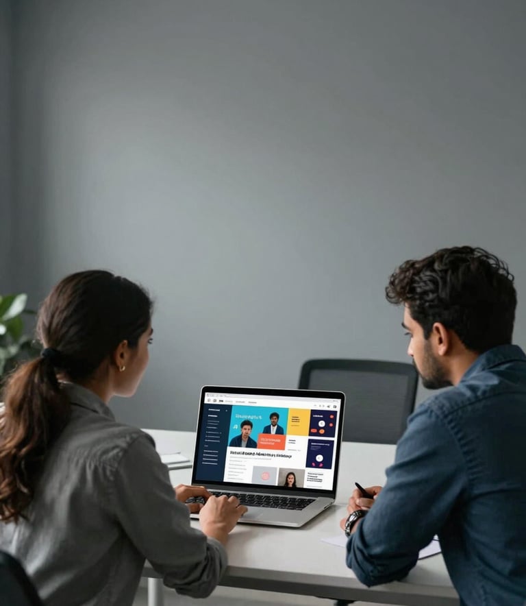 A wide-angle photography shot of a collaborative workspace in South India. Two professionals are engaged in a discussion over a laptop screen, which displays a vibrant social media marketing strategy. The office is minimalist with cool grey and slate tones.
