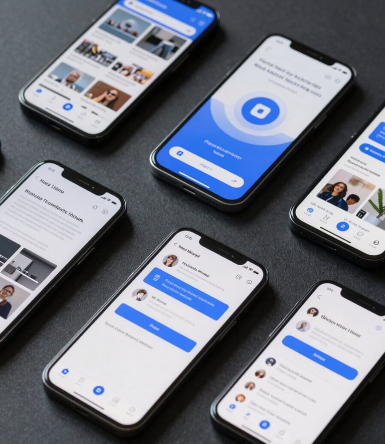 A sleek, top-down view of several mobile devices arranged on a dark grey surface, showing different stages of app development, professional North American studio lighting, sophisticated and innovative feel with blue accents.