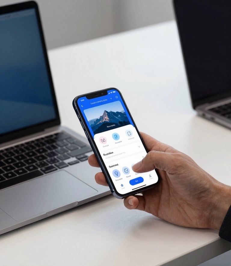 A clean, modern workstation in a professional North American office. A smartphone is being used to test a sleek, user-friendly mobile application interface next to a high-end laptop. The lighting is bright and professional with accents of blue and gray.