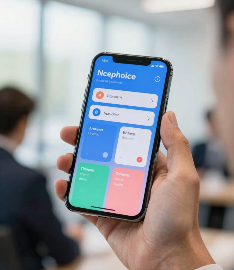 A close-up of a professional hand holding a high-end smartphone in a North American corporate setting, displaying a vibrant, user-friendly mobile interface, bright natural lighting, professional mood.
