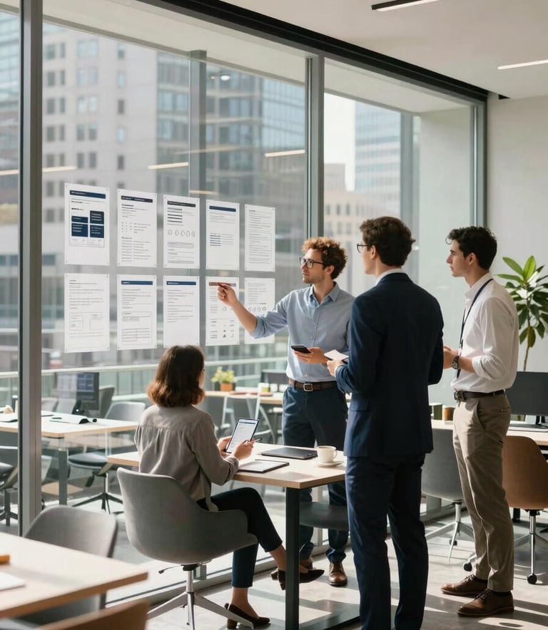 A high-end collaborative workspace in a North American city. Professionals in business casual attire are discussing mobile app wireframes on a glass wall in a bright, sunlit office environment with modern furniture.