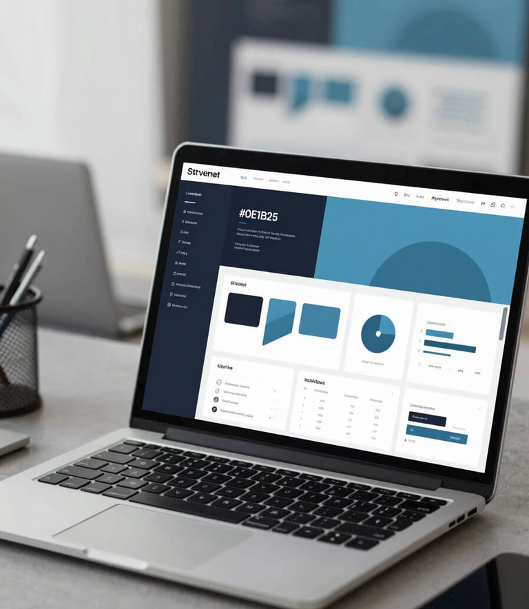 A high-tech, modern UI/UX design workspace with a sleek laptop displaying complex wireframes and abstract shapes, utilizing a color palette of #0E1B25, #2F4858, and #6C8CA7. Professional and innovative lighting.