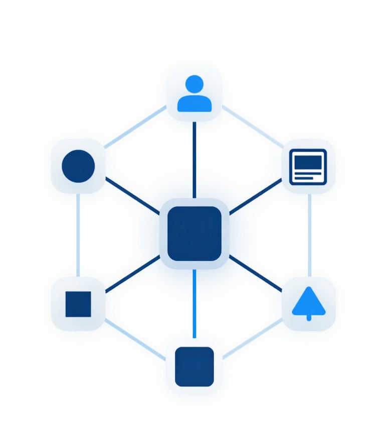 A minimalist, abstract representation of web architecture and connectivity, featuring clean lines and geometric shapes in #2F4858 and #6C8CA7, conveying reliability and cutting-edge technology.