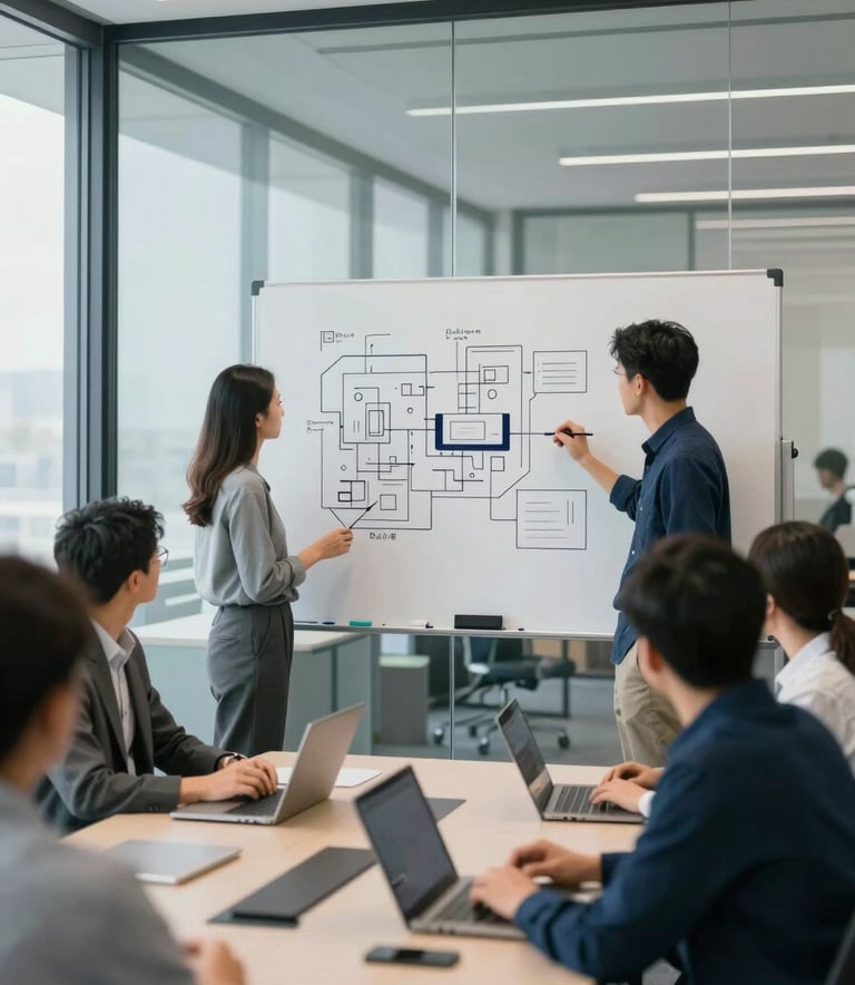 A sleek, modern glass-walled conference room. A diverse team of developers is collaborating on a whiteboard with architecture diagrams. The aesthetic is clean and trustworthy, utilizing a palette of #0E1B25 and #E9F2F7.