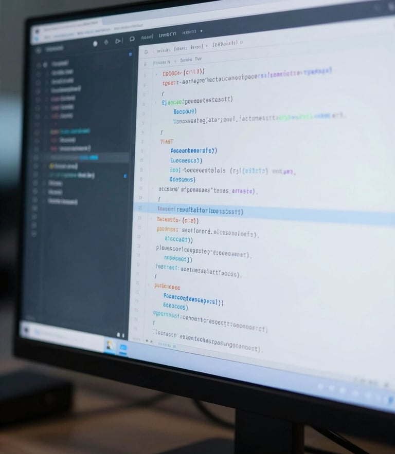 A close-up of a high-resolution workstation screen showing elegant, clean code. The lighting is professional and cool, emphasizing a focused atmosphere. Accents of #6C8CA7 and #2F4858 appear in the IDE syntax highlighting. Modern, innovative spirit.