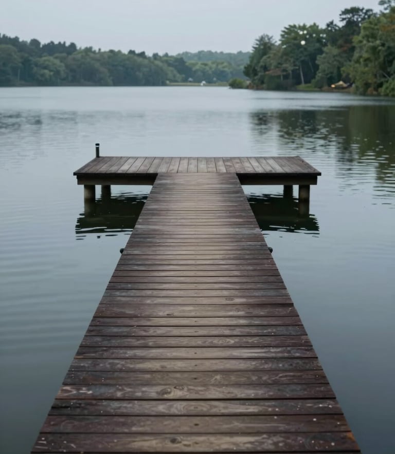 A wide-angle view of a custom-built wooden dock extending into a calm lake. The wood has a deep, rich finish similar to #1B3A4B. The surrounding environment is lush and natural, with the water's surface capturing the serene aesthetic of #A0CBD9.