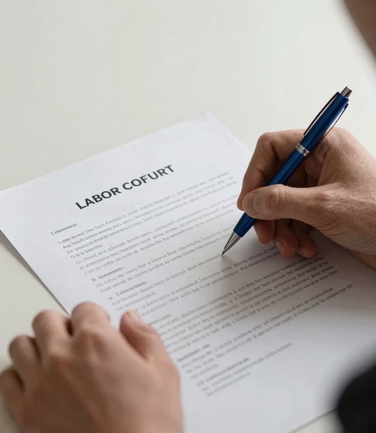 A close-up of hands reviewing a legal labor contract on a clean desk. A Steel Blue pen sits next to the document. The lighting is soft and professional, emphasizing a mood of reliability and attention to detail. Soft Off-White background.