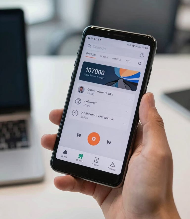 A close up shot of a sleek, high-resolution Android interface on a premium handheld device held by a user in a modern North American office setting, soft natural lighting.