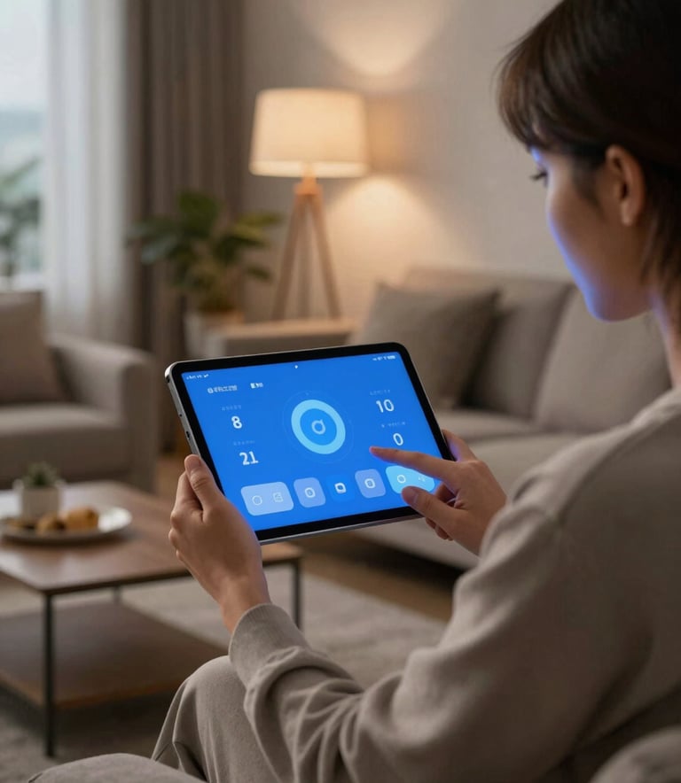 A person in a modern North American living room using a sleek Android tablet with a blue interface to control smart home lighting, soft evening atmosphere.