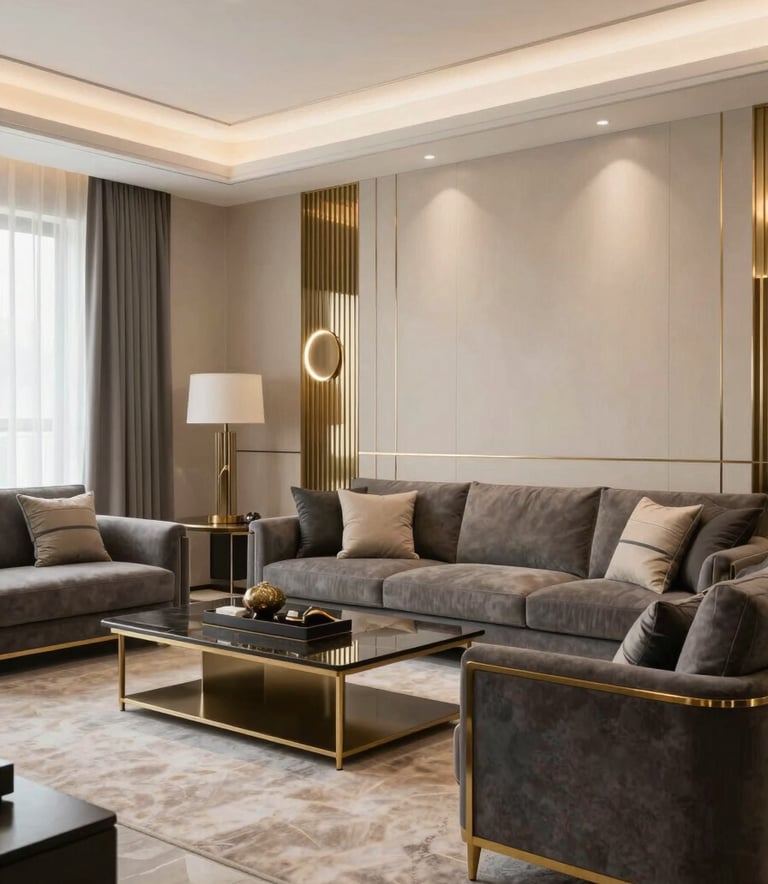A wide-angle professional photograph of a luxurious modern living room in a South Asian home. The palette features champagne beige walls, gold metal accents, and minimalist charcoal furniture. The lighting is soft and elegant, highlighting the high-end textures and architectural lines.