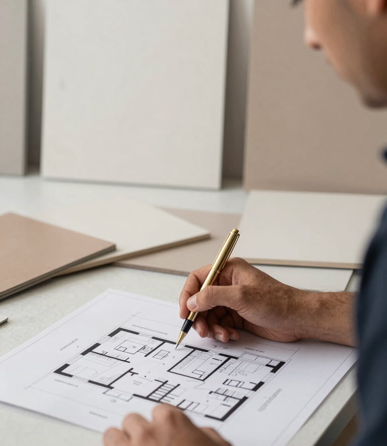 A close-up shot of a professional architect in a minimalist design studio in Delhi, reviewing floor plans with a gold pen. The background features off-white and nude-colored material samples. Sophisticated atmosphere with natural light.