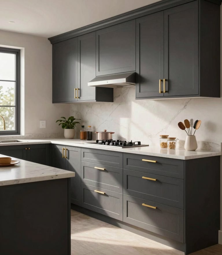 A luxury L-shaped modular kitchen featuring charcoal cabinetry with gold handles and off-white quartz countertops. The setting is a spacious, sun-drenched modern South Asian apartment.
