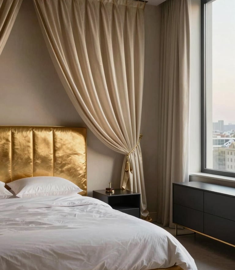 A sophisticated master bedroom in a South Asian home featuring a gold-toned upholstered headboard, champagne-colored silk drapes, and minimalist charcoal furniture. Soft evening light filters through a large window, creating a serene, luxury retreat atmosphere.