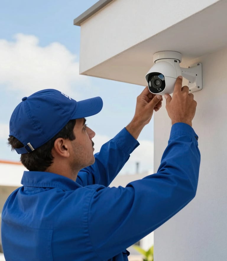 A close-up photograph of a professional technician in a clean royal blue uniform installing a modern security camera on the exterior wall of a contemporary South American / Brazilian home. The lighting is bright and clear, reflecting a reliable and professional service atmosphere. Background features sky blue accents and a neutral off-white wall.