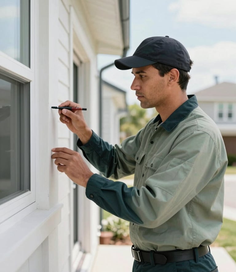 A professional pest control technician in a muted sage and dark slate green uniform inspecting the exterior perimeter of a modern North American / US residence during a clear day. The composition focuses on the expert's meticulous attention to detail, conveying a sense of trust and professionalism.
