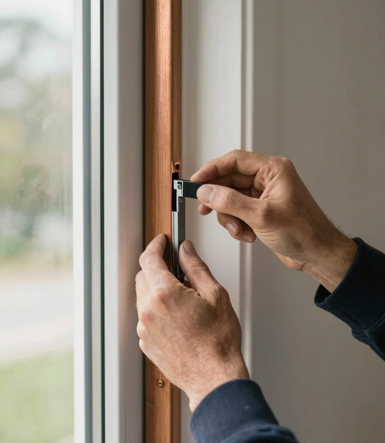 Close-up of a professional inspecting a window seal inside a well-maintained North American / US home. The lighting is bright and natural, highlighting the soft off-white walls and copper-colored wooden accents, suggesting a safe and thorough inspection process.