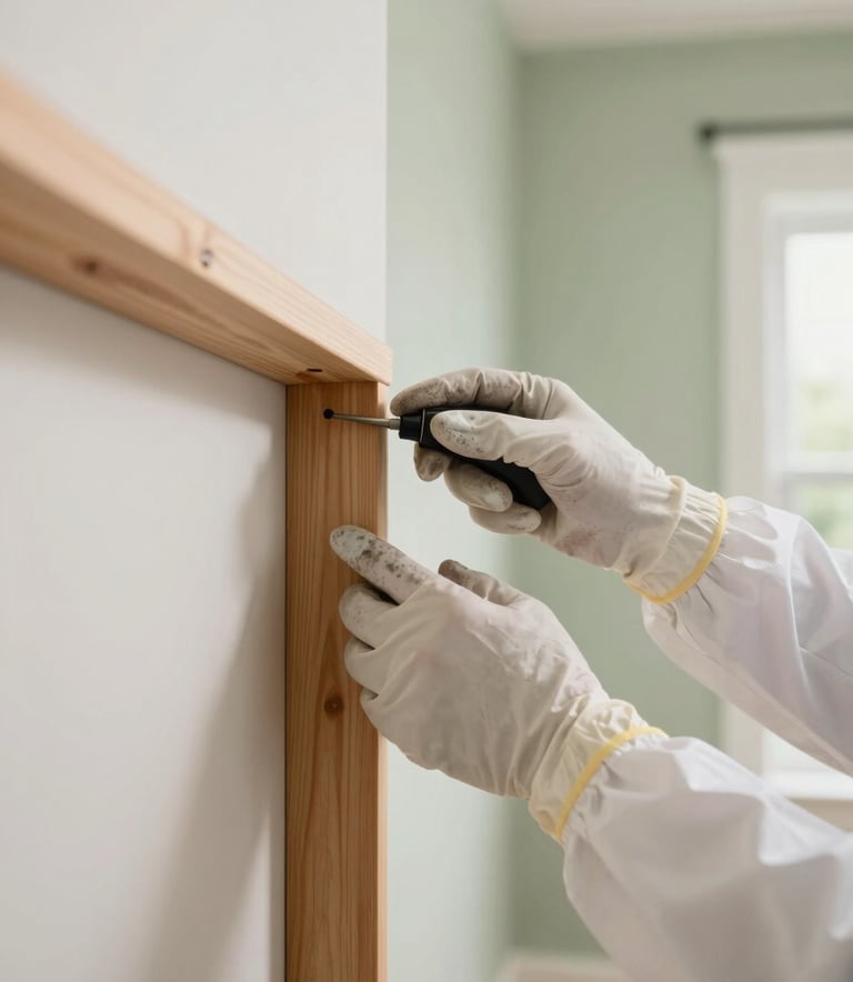 A close-up photograph of a professional pest control expert's hands in gloves carefully inspecting a wooden structure in a modern North American / US suburban home. The lighting is bright and clear, with soft off-white and sage green tones in the background, conveying a sense of clean efficiency and reliability.