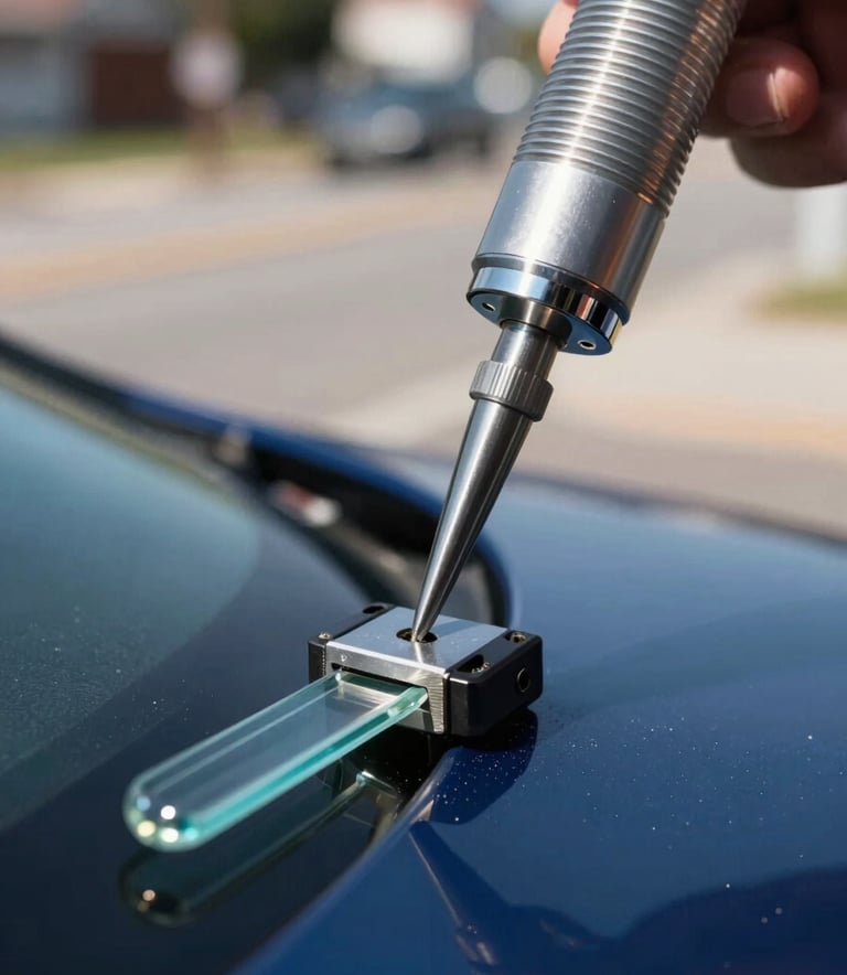 Professional close-up of a specialized glass repair bridge tool attached to a windshield. The focus is sharp on the tool and the injection site, showing meticulous attention to detail. Background is a soft-focus North American street. Colors include deep blues and metallic silver highlights.