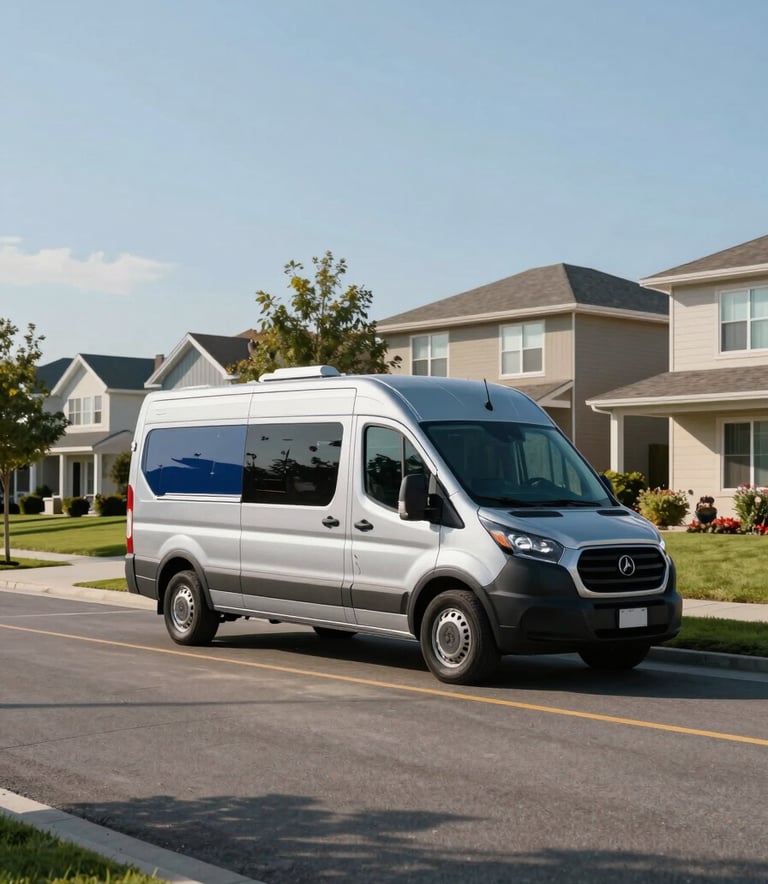A wide-angle professional photograph of a silver and dark blue mobile service van parked on a modern North American street. The van is clean and professionally branded. In the background, a residential neighborhood with well-kept lawns is visible under a clear, bright sky.
