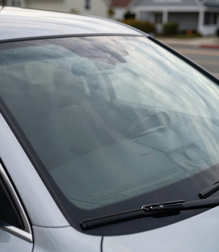 Wide shot of a pristine, high-end vehicle windshield reflecting a clear sky in a North American coastal town. The glass is perfectly clean and sharp, symbolizing the silver standard of repair. The aesthetic is modern and reliable.