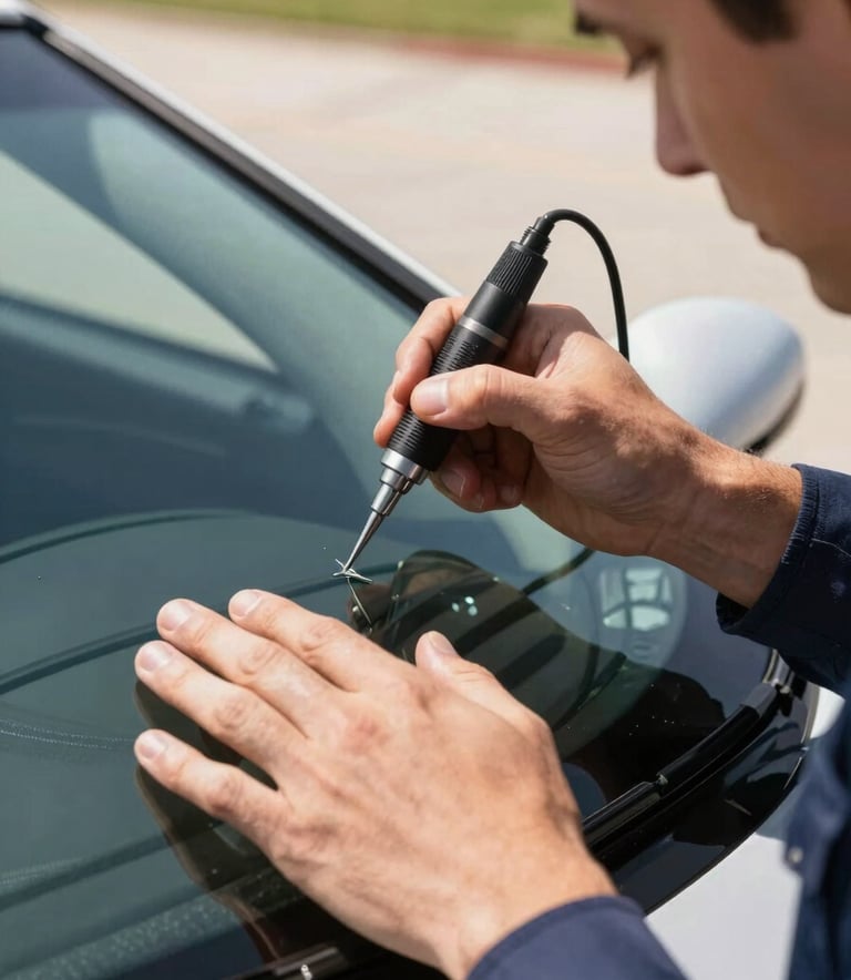 A close-up photograph of a professional technician's hands using a precision glass repair tool on a car windshield. The lighting is bright and clear, highlighting the clarity of the glass. The technician is wearing a dark blue uniform. The setting is a clean North American driveway during the daytime.