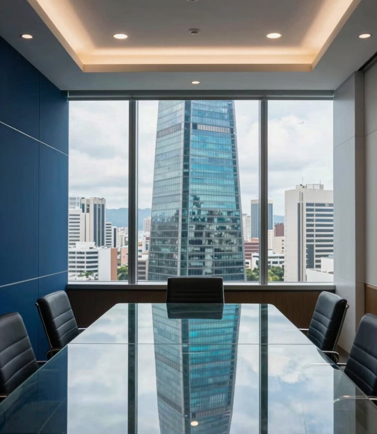 Interior of a corporate meeting room in a Brazilian skyscraper. A large glass table reflects the bright ceiling lights. The view through the window shows a sprawling urban landscape. Elegant and professional atmosphere with navy blue and cyan details.