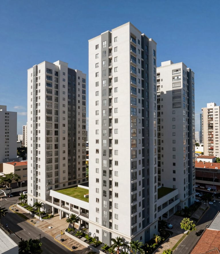 A high-angle architectural photograph of a modern residential and commercial complex in a South American urban center, showcasing clean lines, well-maintained facades, and organized landscape, reflecting professional property administration, shot in bright daylight with a deep blue sky.