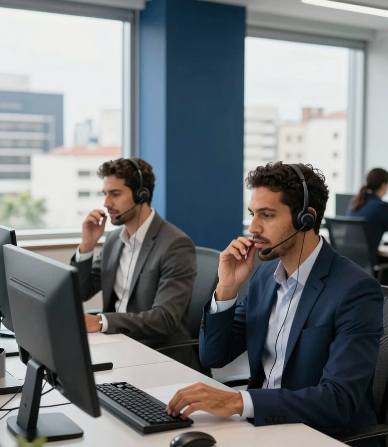 A clean, modern office environment in a Brazilian city. Professional South American staff members are talking on headsets at organized workstations. Bright, natural lighting through large windows. The decor features navy blue and light gray accents.