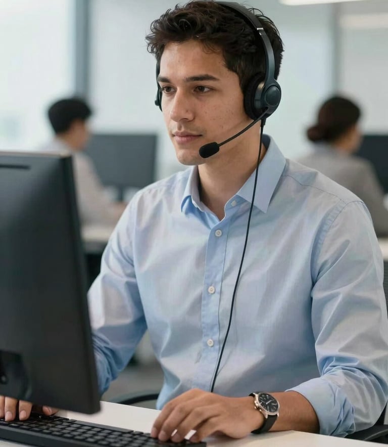 A professional South American person in a modern office environment wearing a sleek communication headset, working efficiently at a clean desk with a computer, conveying reliable tele-answering services, in a bright and professional atmosphere.