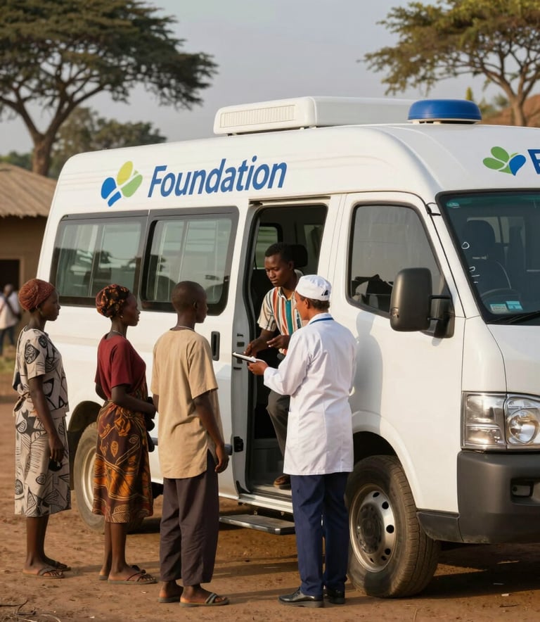 A modern mobile health clinic vehicle branded with the foundation logo, parked in a rural East African / Ethiopian village. A group of local community members are being greeted by a healthcare professional. The lighting is warm afternoon sun, creating a hopeful and professional atmosphere.