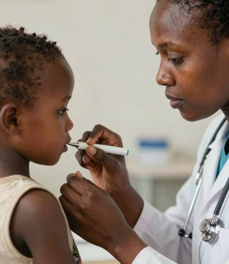 A dignified close-up of a healthcare worker in an East African / Ethiopian clinic gently administering a routine health check for a young child, symbolizing trustworthiness and professionalism.