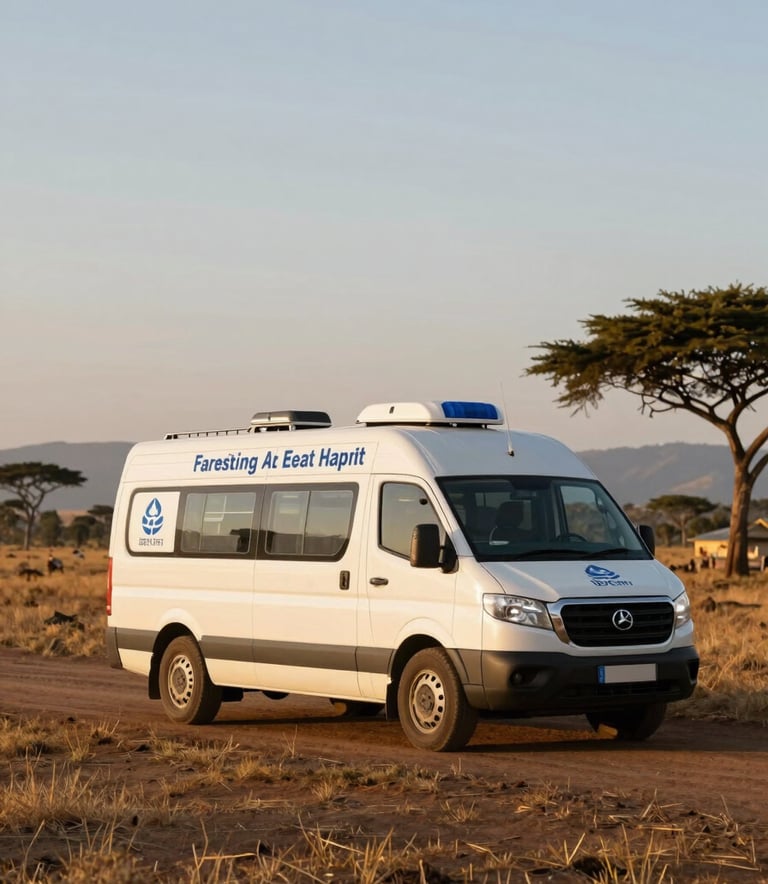A wide-angle professional photograph of a modern mobile health clinic vehicle traveling through a beautiful rural East African / Ethiopian landscape at golden hour, conveying accessibility and hope.