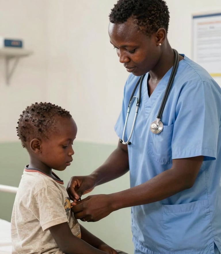 A compassionate healthcare worker in a clean clinic setting in East Africa / Ethiopia, providing a check-up to a young child. The environment is bright and welcoming with walls in off-white and accents of pale sage. Professional, high-quality photography.