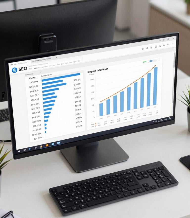 A top-down, clean-desk photograph in a North American / US office environment. A high-resolution monitor displays SEO keyword rankings and organic traffic growth charts, surrounded by a matte black keyboard and a small plant.