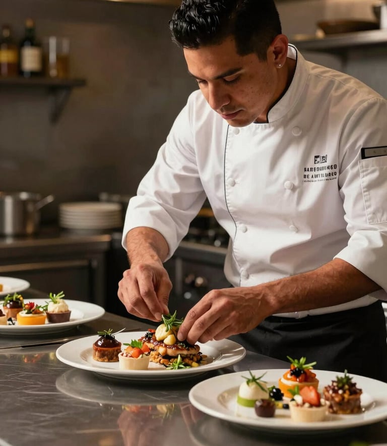 A professional Latinoamericano chef in a modern, clean kitchen meticulously plating gourmet appetizers for a catering event. The lighting is warm and sophisticated, highlighting the textures of fresh ingredients and polished dark brown surfaces.