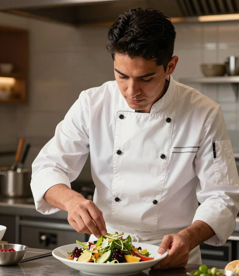 A professional chef in a clean white uniform carefully arranging a colorful salad in a modern, sophisticated commercial kitchen. Warm brown accents in the decor. Latinoamericano context.