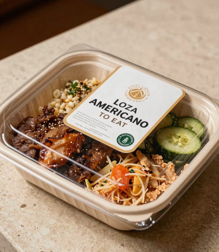 A close-up photograph of a premium, elegantly packaged ready-to-eat gourmet meal on a beige stone surface. The lighting is warm and natural, highlighting the fresh textures of the food. Latinoamericano setting.