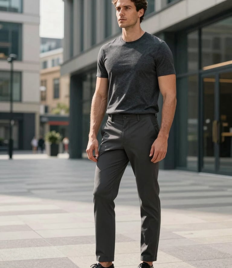 A sophisticated lifestyle shot of a confident man in a dark grey t-shirt and charcoal trousers, standing in a modern urban architectural setting in Nottingham, British morning light, professional and grounded aesthetic.