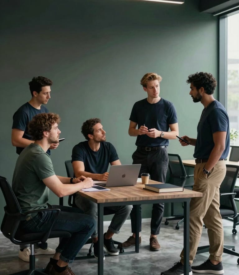 A professional team of male staff in smart-casual t-shirts and trousers collaborating in a modern, minimalistic office space with charcoal and muted green accents, professional atmosphere.
