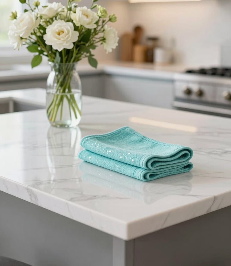 Close-up of a sparkling clean kitchen island in a modern home. Polished white marble surfaces, a glass vase of fresh flowers, and soft cyan kitchen towels. Bright, high-key lighting emphasizing a healthy environment.