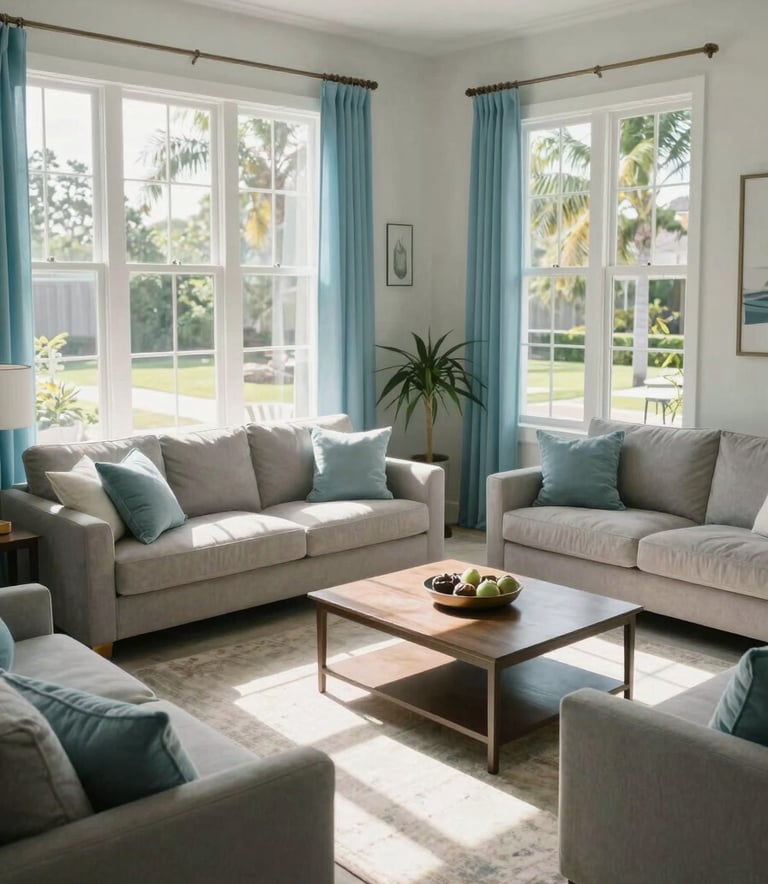 A high-angle, wide shot of a modern living room in Bradenton, Florida. Sunlight pours through perfectly clear windows onto a polished floor. The decor features soft sky blue accents and misty off-white walls, creating a serene, pristine atmosphere.