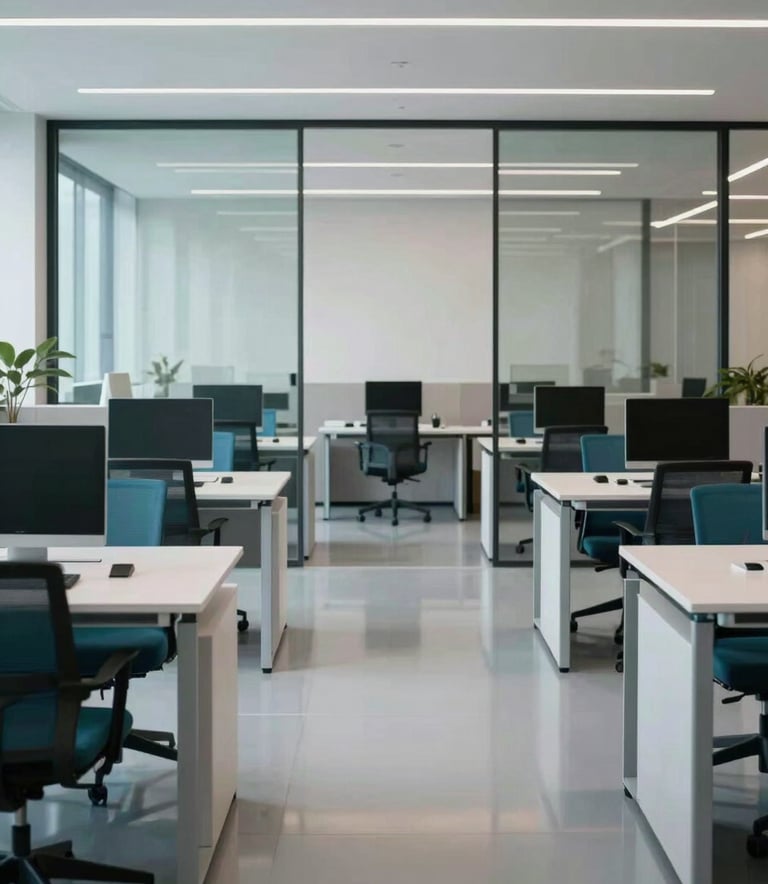 A professional office environment with minimalist desks and large glass partitions. The floor is immaculately clean and reflective. Muted cyan and dark slate teal office chairs add a touch of color to the modern space.