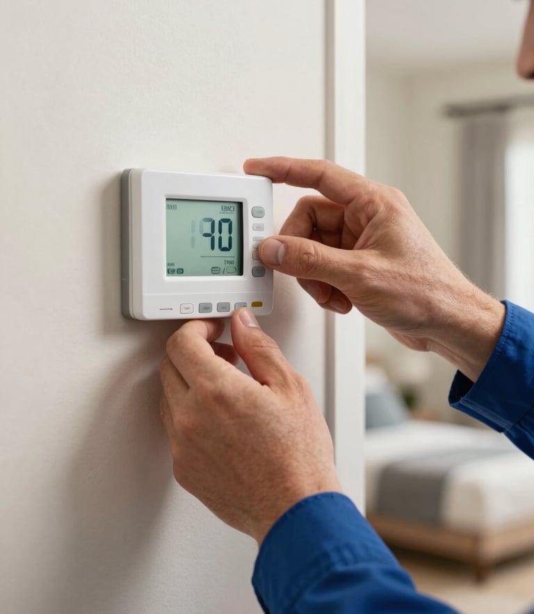 A close-up of a professional HVAC technician's hands carefully adjusting a modern digital thermostat inside a North American / US home. The background features soft off-white walls and clean, modern interior lighting that highlights a sense of indoor comfort.