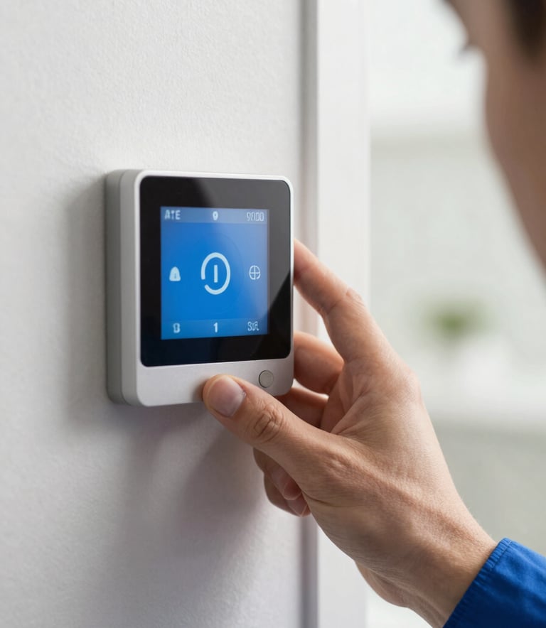 A close-up photograph of a professional technician's hand adjusting a high-tech smart thermostat in a modern North American / US home. The scene is lit with natural, bright light and features accents of vibrant blue and slate grey.