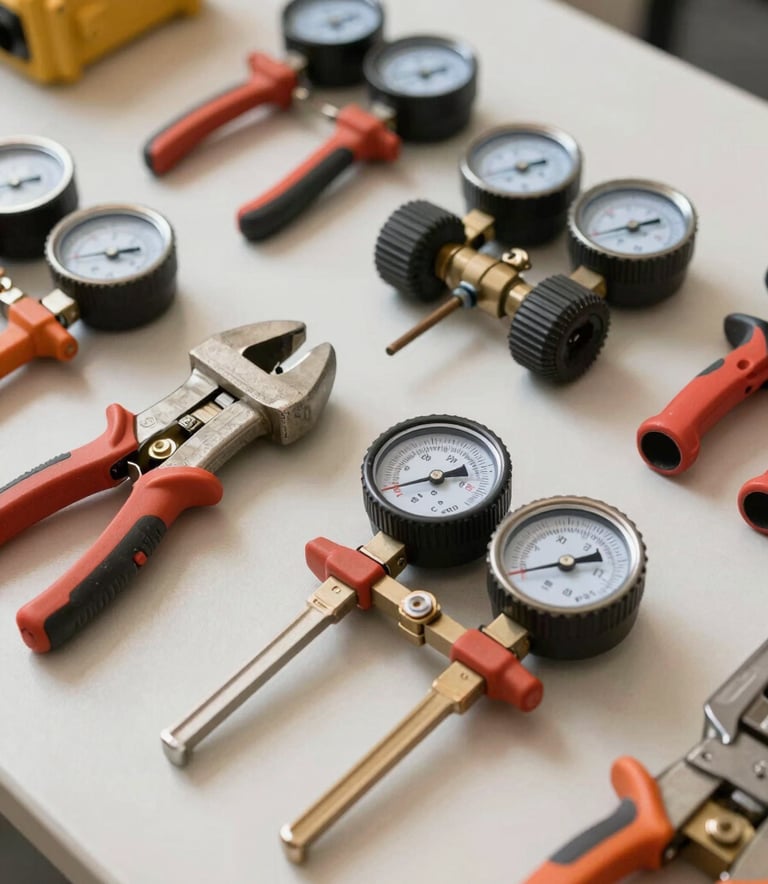 A sharp, clear photography of a set of professional HVAC tools and pressure gauges laid out neatly on a soft off-white surface in a North American / US work environment, conveying efficiency and professionalism.