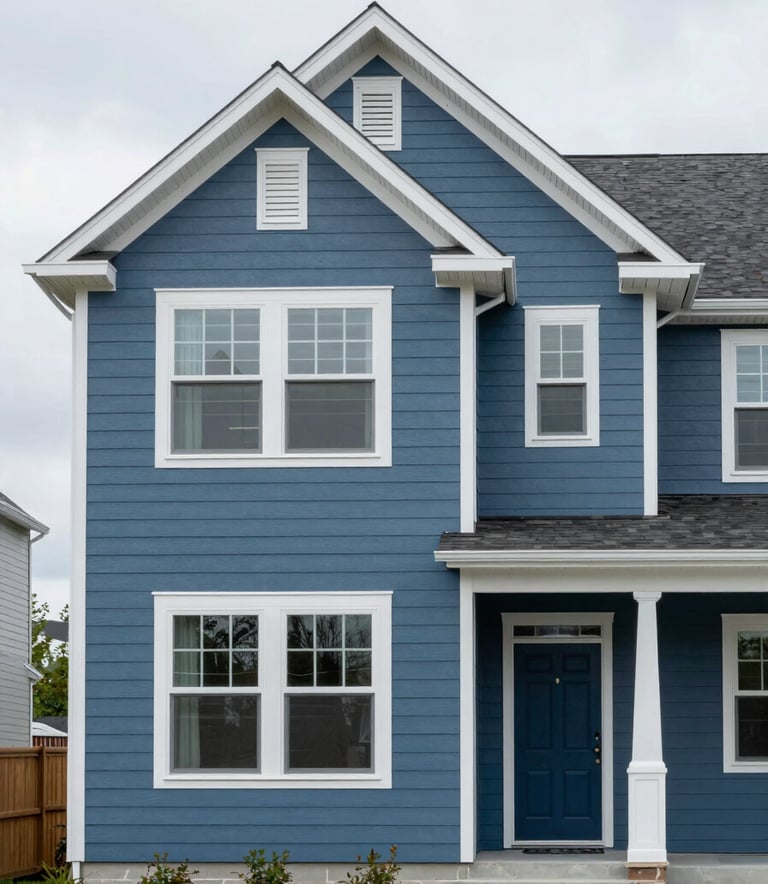 A wide-angle photograph of a clean, modern North American / US house featuring new Stormy Blue siding, showcasing superior craftsmanship and curb appeal in a professional residential setting.