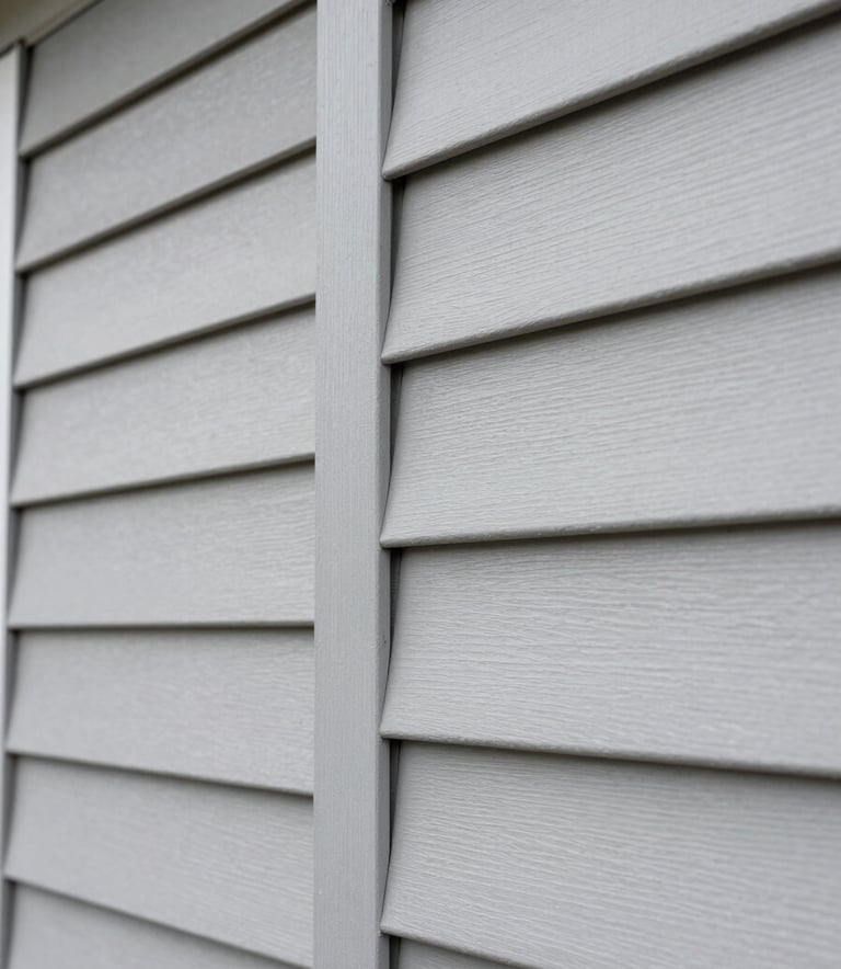Detailed close-up of light gray vinyl siding panels being expertly installed on a modern house, showing precise alignment and superior craftsmanship, North American style.