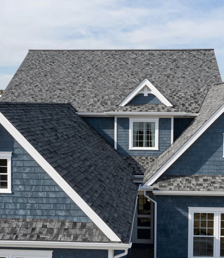 A wide-angle shot of a beautiful North American suburban home featuring a newly installed dark gray architectural shingle roof and slate blue siding, clean lines, bright daylight, professional craftsmanship.